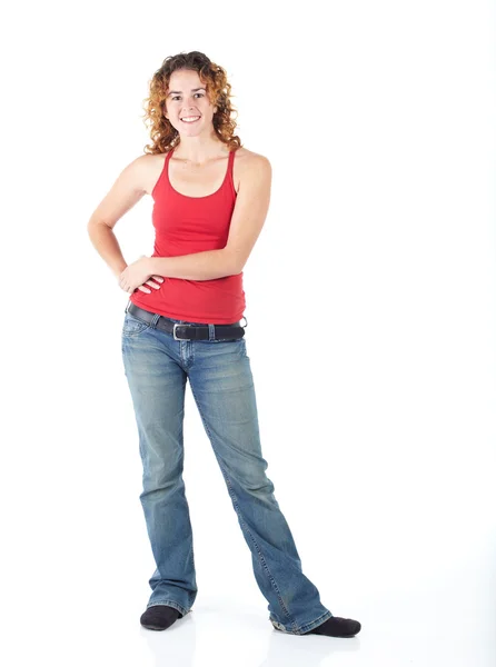 Leuke jonge volwassen Kaukasische vrouw dragen van een rode boven — Stockfoto