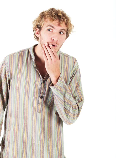 Junge blonde erwachsene kaukasische Mann in lässiger Kleidung und rauen Bart auf weißem Hintergrund. — Stockfoto