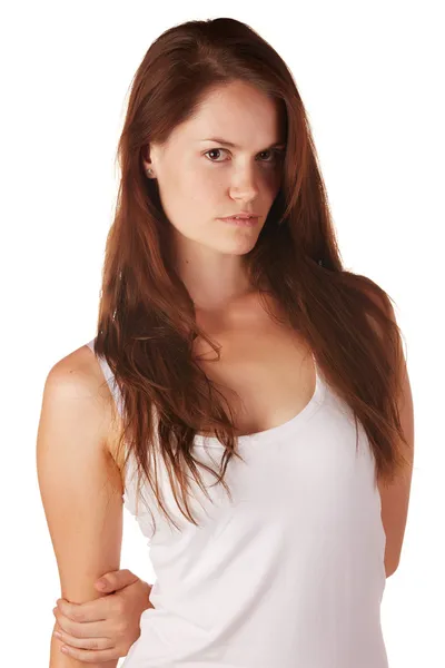 Mulher caucasiana jovem bonita e alta com cabelo castanho longo — Fotografia de Stock