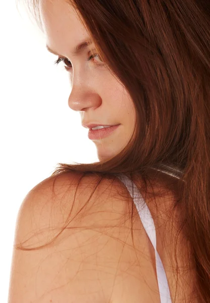 Beautiful and tall young adult caucasian woman with long brown hair — Stock Photo, Image