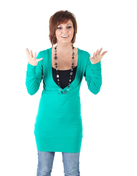 Cute young adult caucasian woman wearing a Turquoise dress Royalty Free Stock Photos