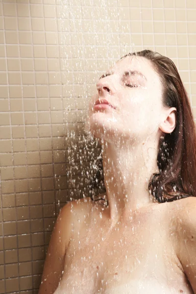 Sexy young adult Caucasian woman with long auburn hair and petite breasts taking a shower in a tile and glass modern bathroom. Stock Photo