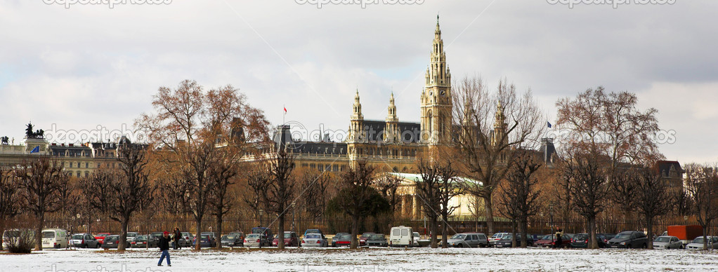 The Town Hall (Wien Rathaus) buildings in Vienna, Austria across a snow covered park