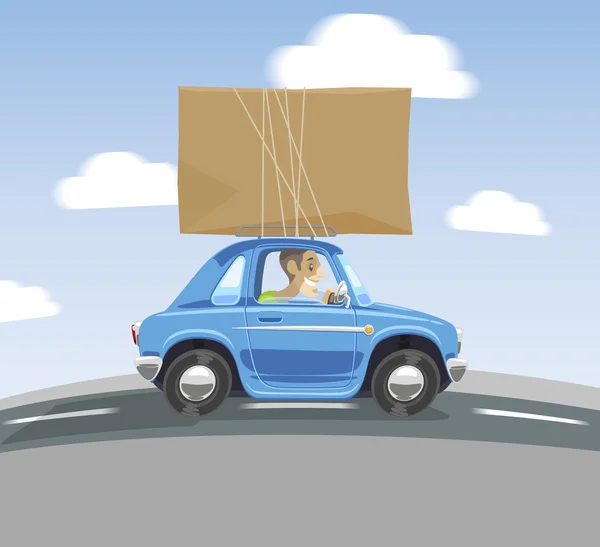 Carro dos desenhos animados carrega uma caixa no telhado —  Vetores de Stock