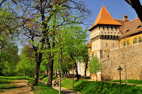 Old defence wall and tower in Sibiu(Hermannstadt), Romania — Stock Photo, Image