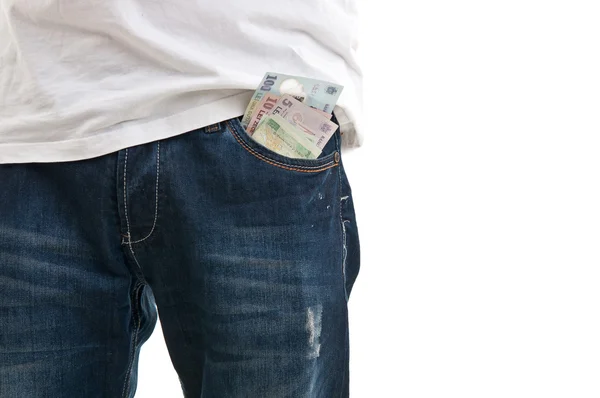 Синя джинсова кишеня з грошима — стокове фото