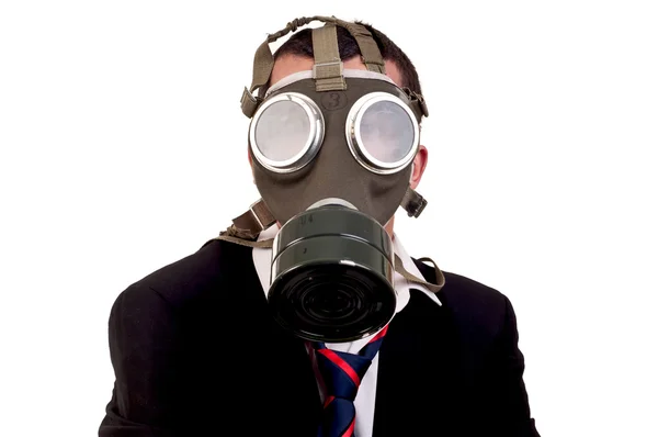 Een zakenman met gas masker op witte achtergrond — Stockfoto