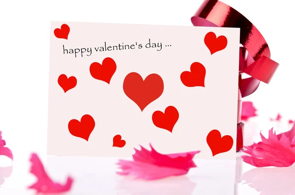 Feliz San Valentín. Cinta roja y tarjeta rosa —  Fotos de Stock
