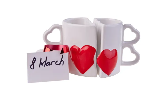 March 8. Coffee mugs in shape of hear — Stock Photo, Image