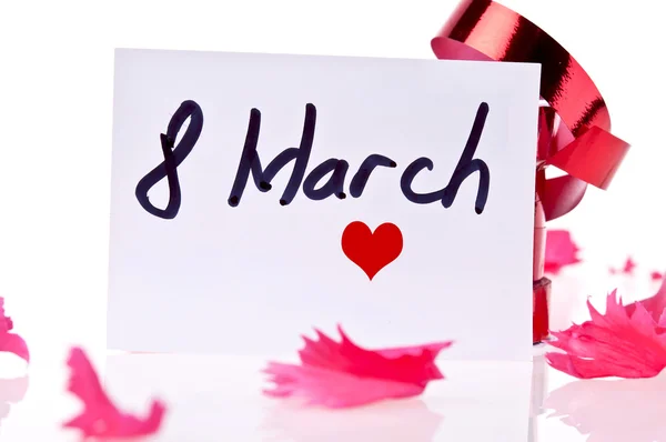 March 8 Card and red ribbon — Stock Photo, Image