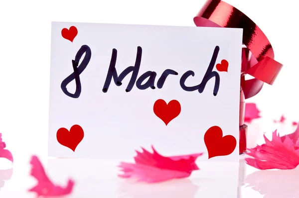 March 8 Card and red ribbon — Stock Photo, Image
