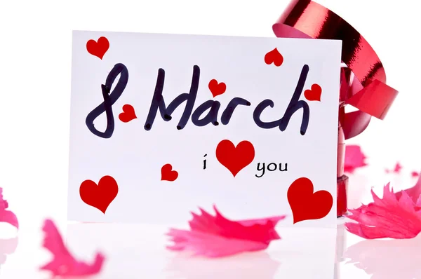 March 8 Card and red ribbon — Stock Photo, Image