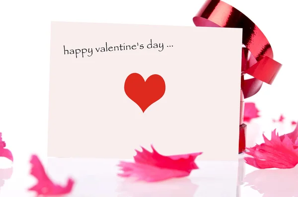 Feliz San Valentín. Cinta roja y tarjeta rosa —  Fotos de Stock