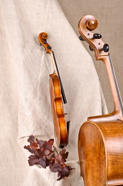 Violino isolado e violoncelo em fundo bege — Fotografia de Stock