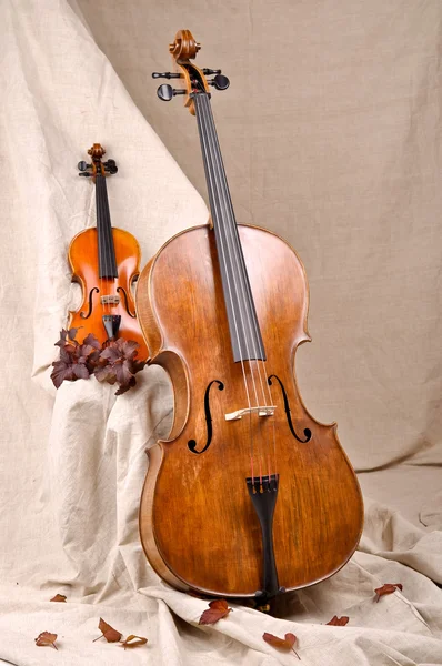 Скрипка и виолончель на бежевом фоне — стоковое фото