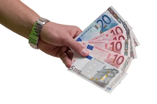 Рука з євро гроші ізольовані на білому тлі — стокове фото