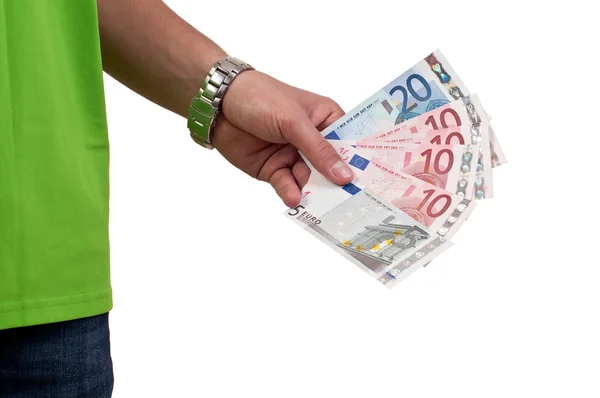 Рука з євро гроші ізольовані на білому тлі — стокове фото