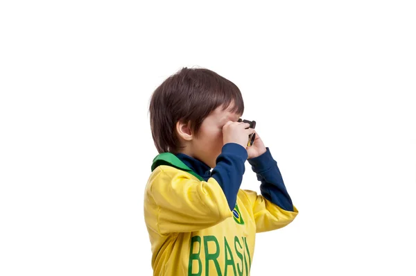 Portrait of a boy with binoculars over white background — Stock Photo, Image