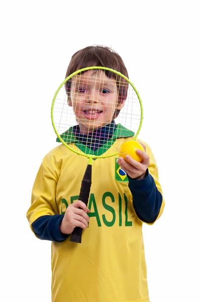 小男孩玩网球球拍和球 — 图库照片