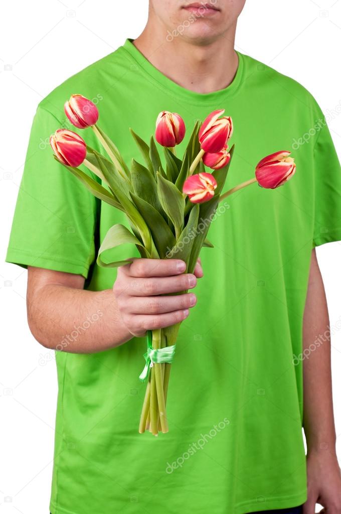 young men give the flowers over white backgroung