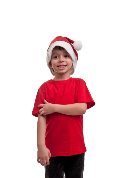 Portret van kleine jongen in Kerstman hoed geïsoleerd op witte achtergrond — Stockfoto