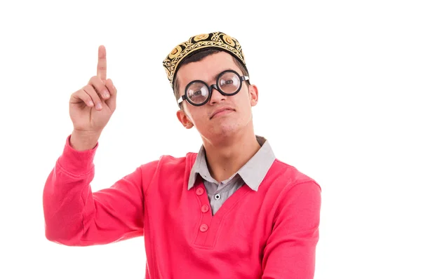 Gelukkig en slimme nerd met grappige glazen heeft een idee — Stockfoto