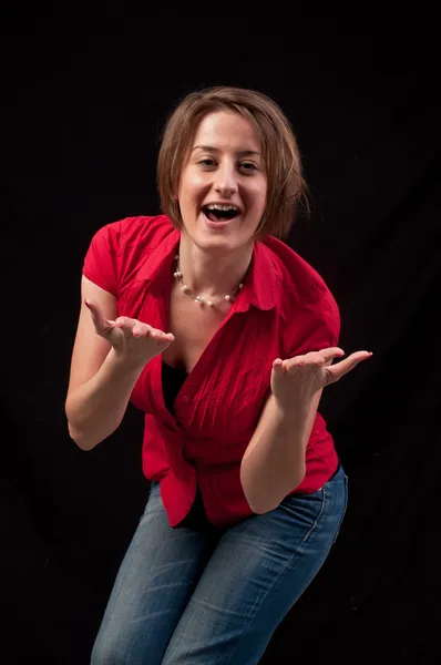 Happy winning success woman celebrating by dancing and sending y — Stock Photo, Image