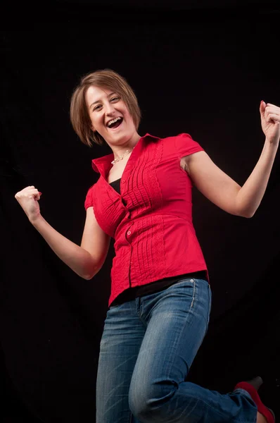 Feliz mujer triunfadora celebrando bailando. Hermoso yo — Foto de Stock