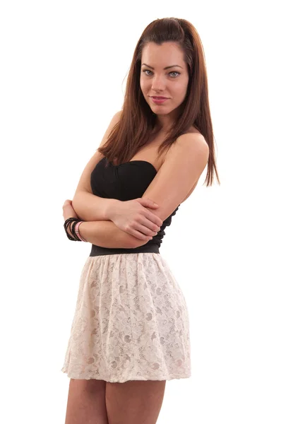 Portrait of a beautiful young woman posing against white backgr — Stock Fotó