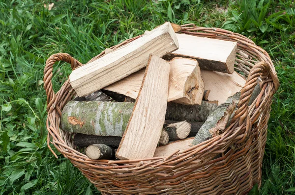 Closeup mand van knippen logt brandhout op groen gras, milieu concept — Stockfoto