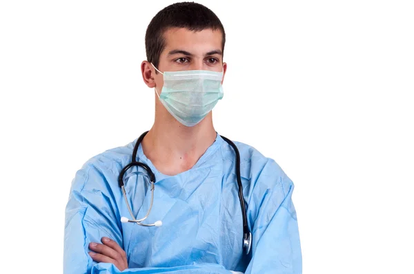 Close up surgeon wearing blue scrubs with arms crossed — Stock Photo, Image