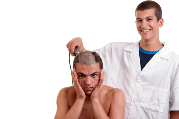 Young barber man laugh that he by mistake wrong cut hair with cl — Stock Photo, Image