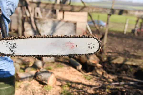 Blade of a chainsaw in the garden, copy space — Stock Photo, Image