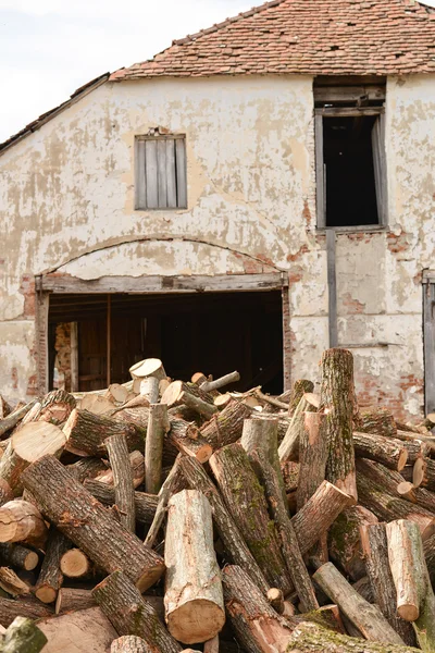 Oude gevel van een gebouw met stapel kofferbak boom in de buurt van hij geruïneerd — Stockfoto