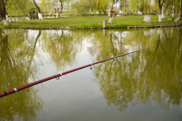 Primo piano di una canna da pesca con il lago sullo sfondo — Foto Stock