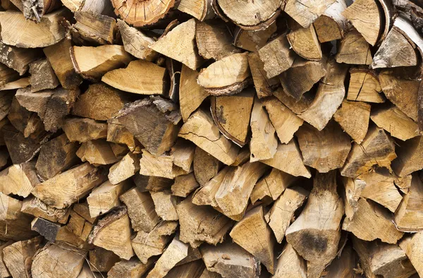 Chopped and stacked pile of pine and birch wood texture background — Stock Photo, Image