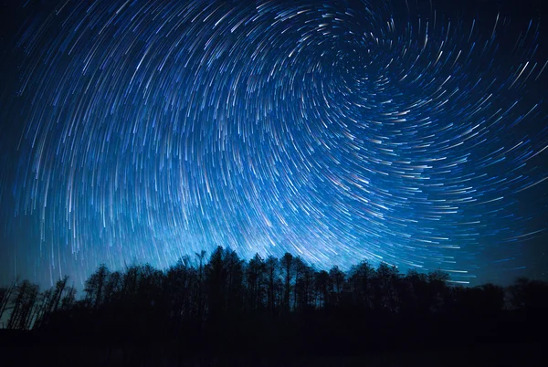 Cielo nocturno, senderos de estrellas espirales y el bosque — Foto de Stock