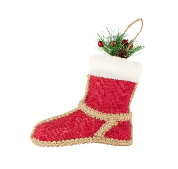 Decoración navideña, bota roja en estilo rústico aislada sobre fondo blanco. — Foto de Stock
