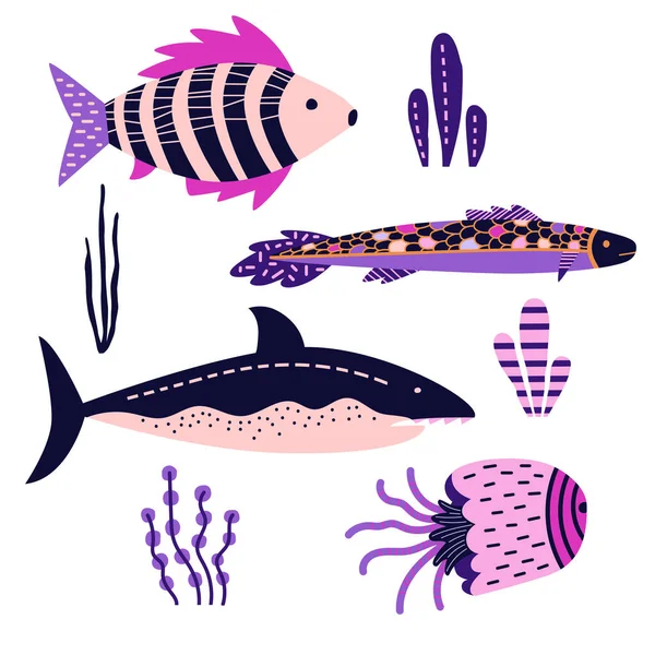 Ilustração vetorial de um conjunto de quatro peixes marinhos decorativos. — Vetor de Stock