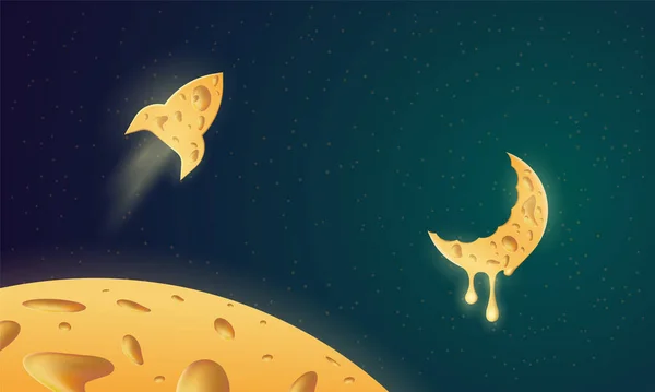 带有奶酪纹理物体的空间背景。奶酪火箭带着融化的奶酪质感飞向月球 — 图库矢量图片
