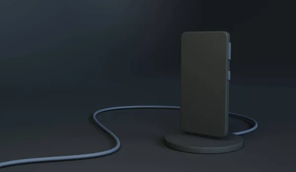 Czarny telefon nad ładowarką. 3D renderować miękki plastikowy smartfon ilustracja. — Zdjęcie stockowe