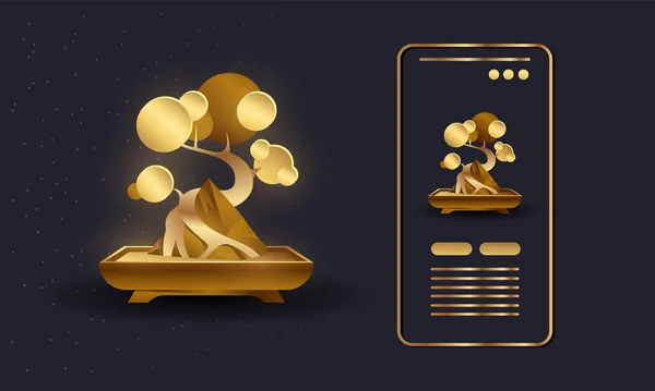 Gold Bonsai tree and roots around the stone. Abstract phone app interface design with small golden tree icon. Seki-joju Bonsai style. — Vetor de Stock