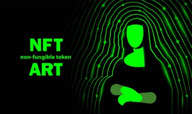 Mona Lisa ile NFT sanat afişi. Mona Lisa özeti silueti olan soyut neon dijital sanat.