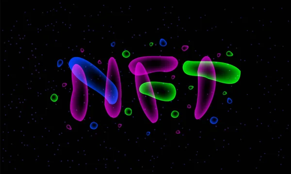 Neon NFT text design. Nft art typography background with neon transparent fluid particles. — 스톡 벡터