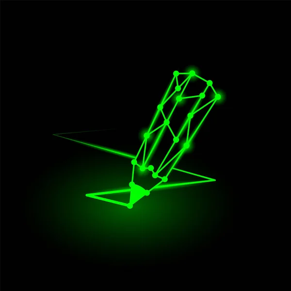 Neon digitale potlood tool die een groene laserlijn tekent. Digitale kunst proces icoon met veelhoekige potlood voor NFT platform, design onderwijs, kunstmatige intelligentie tekening banner. — Stockvector