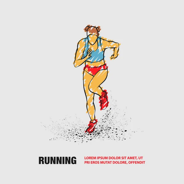 Женщина бежит, вид спереди. Векторный контур бегущей девушки с каракулями в стиле рисования. — стоковый вектор
