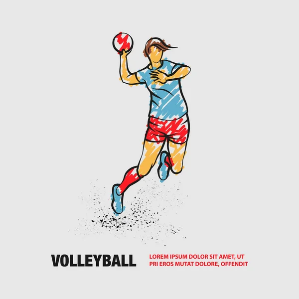 Jugador profesional de voleibol salta y golpea la pelota. Esquema vectorial del deporte de voleibol con garabatos estilo dibujo. — Archivo Imágenes Vectoriales