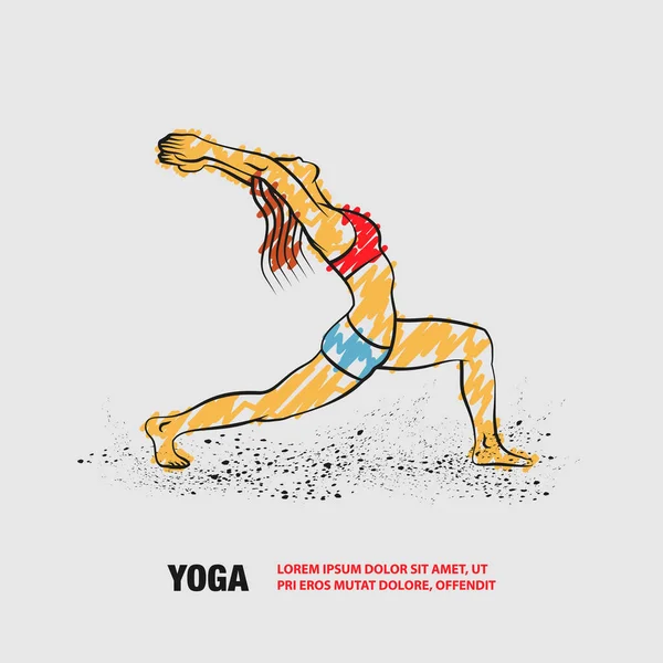 Fille pratique le yoga en guerrier une pose. Schéma vectoriel de l'illustration Virabhadrasana avec dessin de style gribouillis. — Image vectorielle