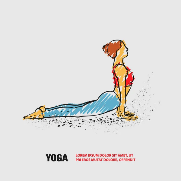 Chica practica yoga en pose cobra. Esquema vectorial de Urdhva mukha svanasana ilustración con garabatos estilo dibujo garabatos. — Vector de stock