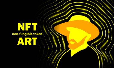 Vincent Van Gogh 'un hasır şapkalı olduğu NFT sanat afişi. Vincent Van Gogh 'un kendi portresi olan soyut neon dijital sanat silueti